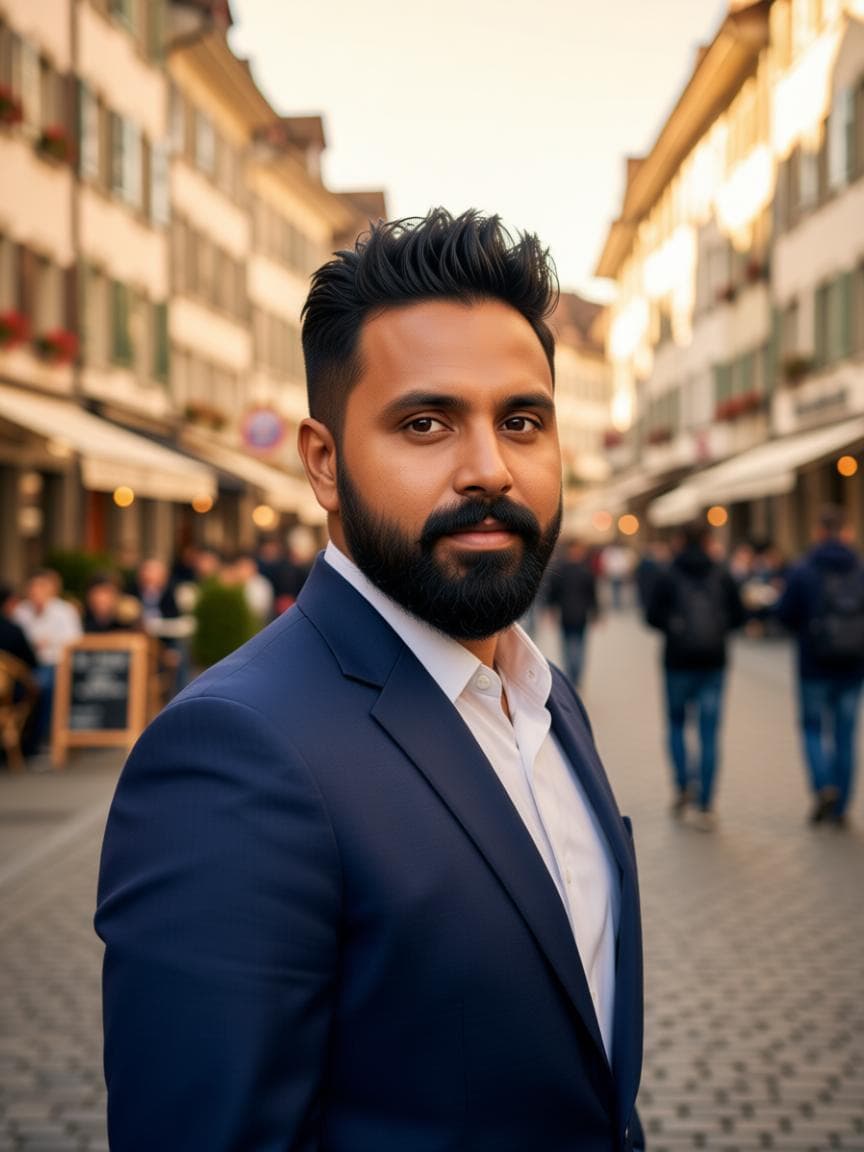 Ramandeep Singh — professional website developer, standing on a street in Switzerland