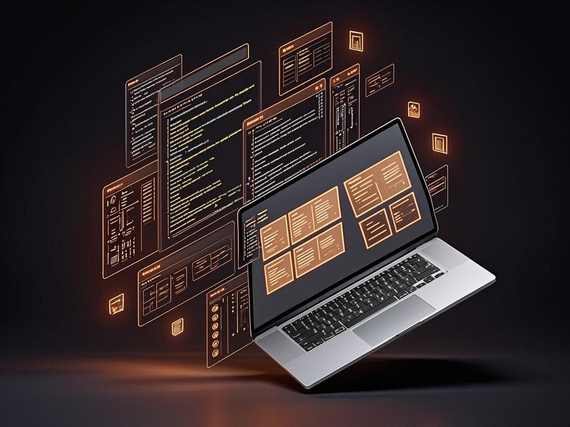 Web development illustration — laptop with code editors and website UI in warm amber tones